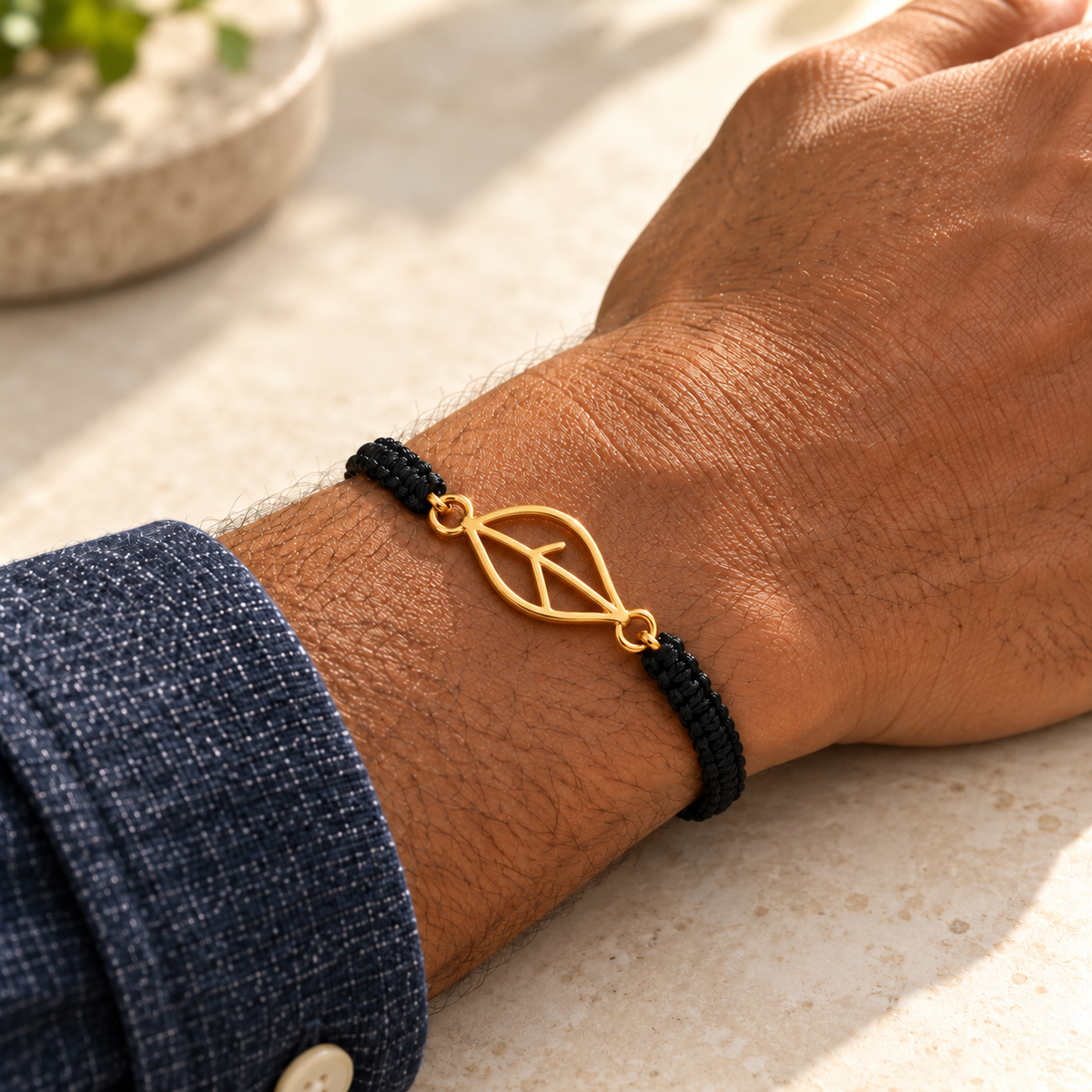 Custom Drawing Cutout Bracelet | Men's Black Braided Cord professional photo - gold open hand-drawn leaf, generated design concept Anthology Jewelry