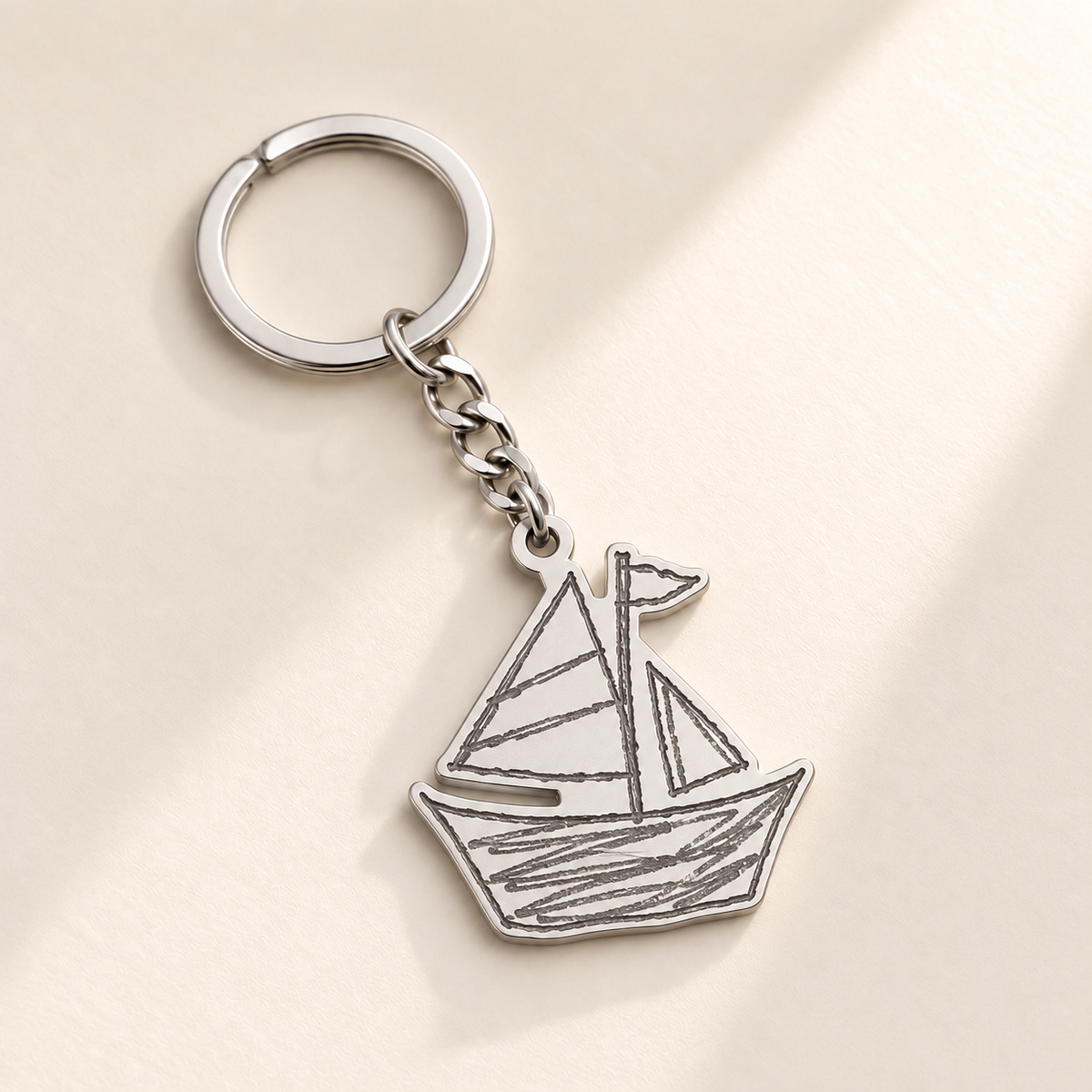Custom Drawing Keychain hero-silver photo - silver hand-drawn sailboat, generated design concept Anthology Jewelry