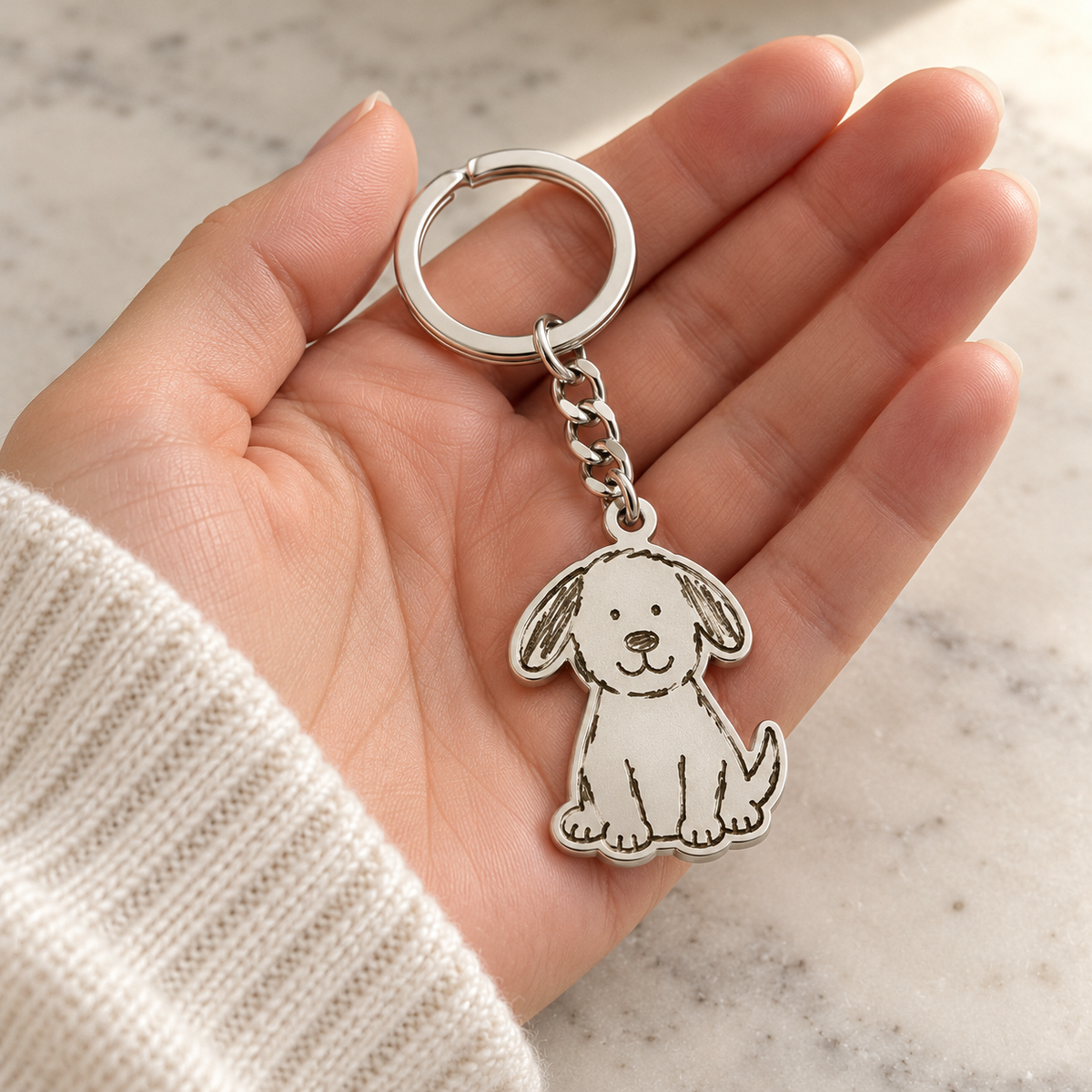 Custom Drawing Keychain UGC-style photo - silver child-drawn dog held in an adult hand, generated design concept Anthology Jewelry