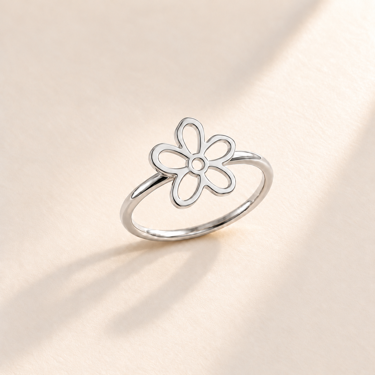 Custom Drawing Ring hero photo - silver open hand-drawn five-petal flower, generated design concept Anthology Jewelry