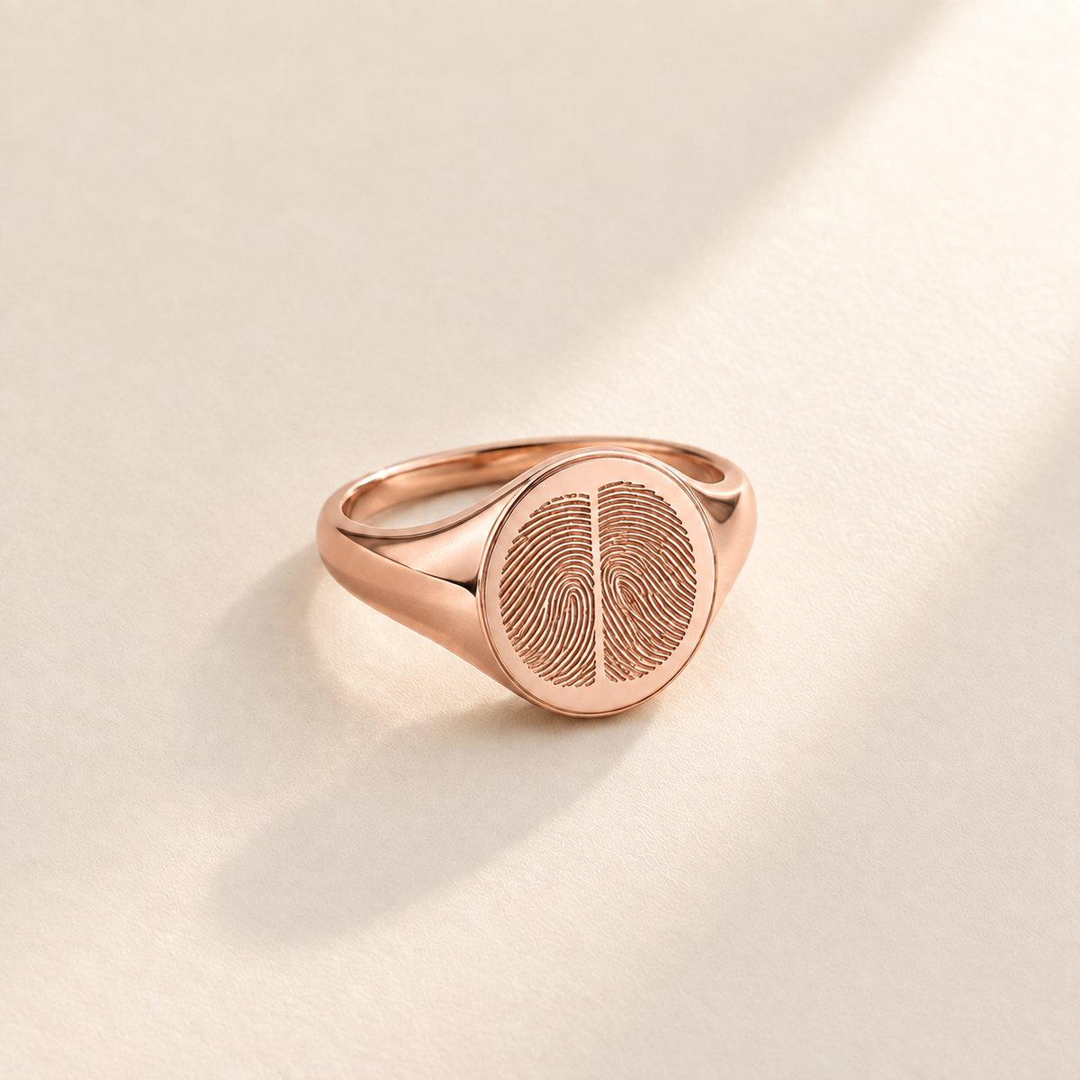 Custom Duo Fingerprint Signet Ring hero photo - rose gold duo fingerprint signet ring with two engraved fingerprints Anthology Jewelry