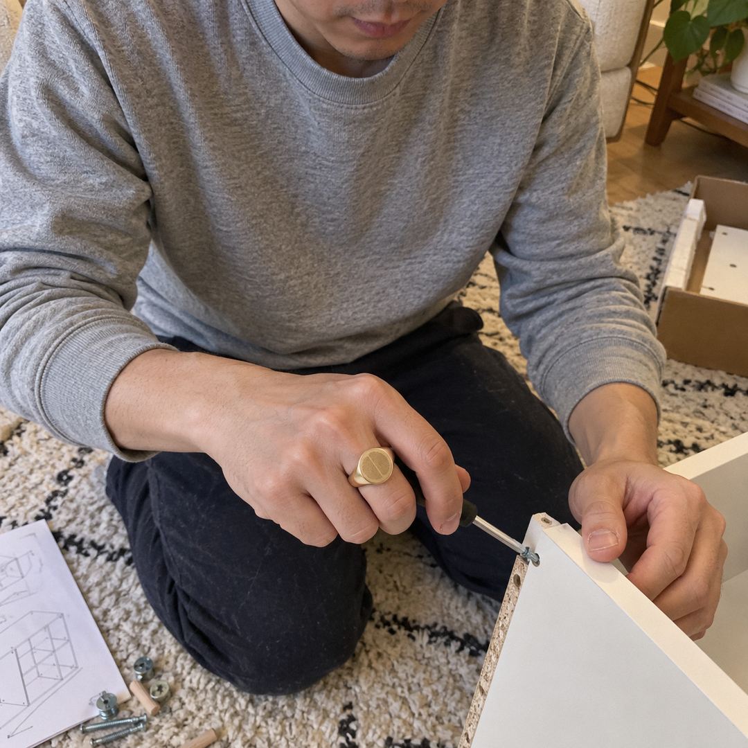 Custom Duo Fingerprint Signet Ring UGC photo - man wearing gold duo fingerprint signet ring assembling furniture Anthology Jewelry