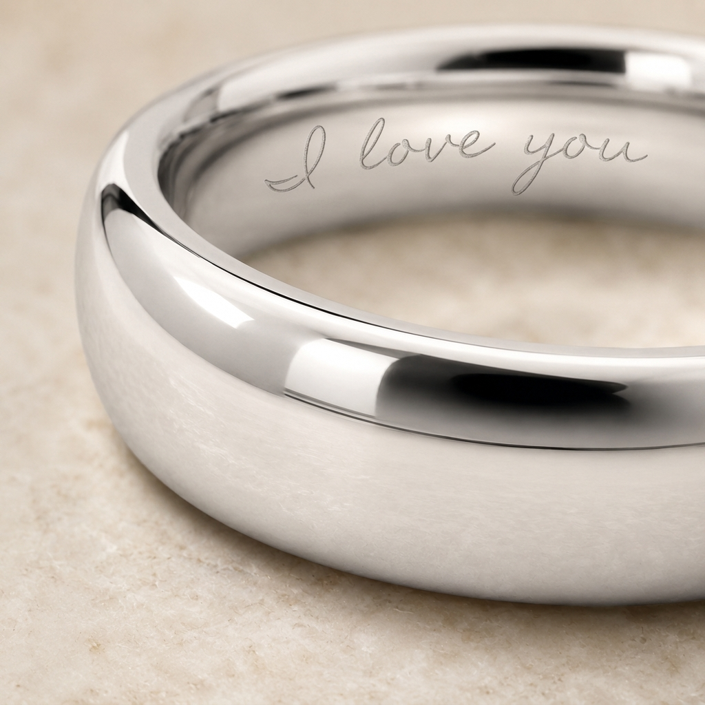 Custom Engravable Wedding Band Handwriting Engraving Close-Up - Interior Detail Anthology Jewelry.