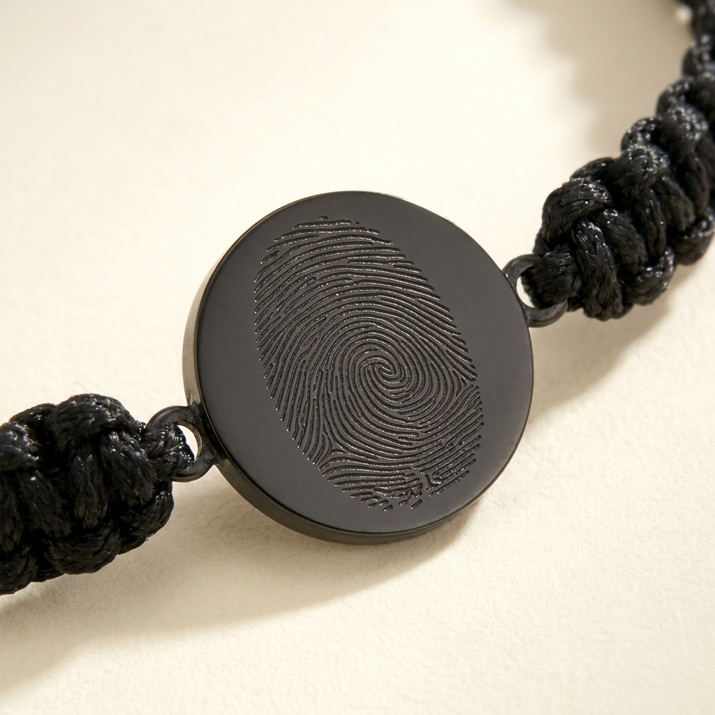 Custom Fingerprint Bracelet Men's Braided Cord detail photo - close up of small thin flat engraved fingerprint disc charm Anthology Jewelry