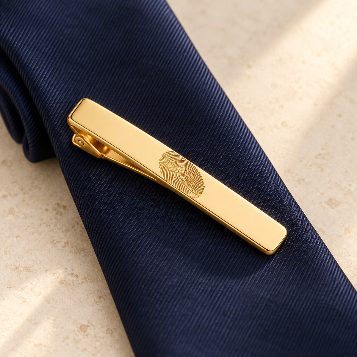 Custom Fingerprint Tie Clip glamour 1 photo - gold tie clip styled on navy silk Anthology Jewelry