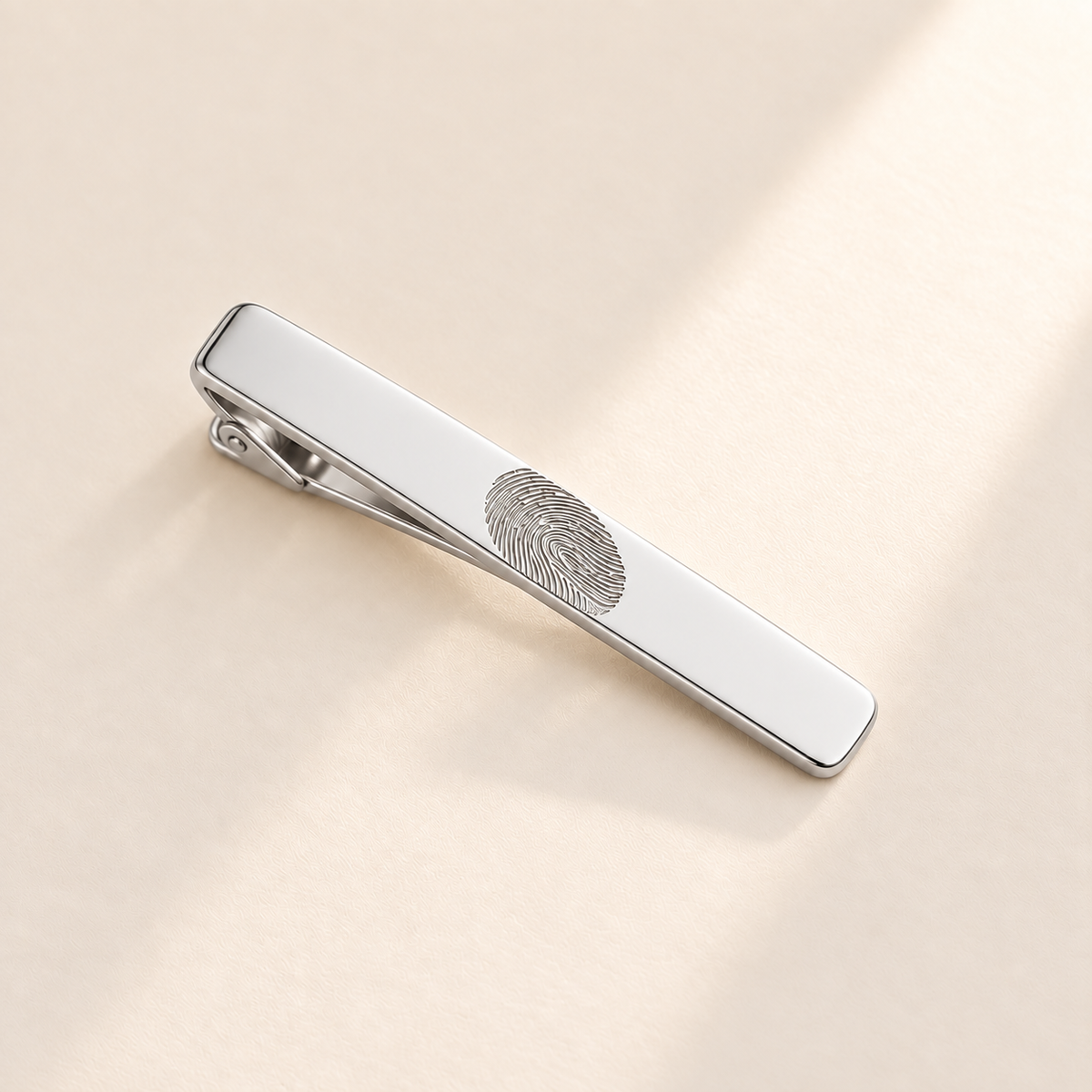 Custom Fingerprint Tie Clip hero silver photo - silver tie clip with fingerprint engraving Anthology Jewelry