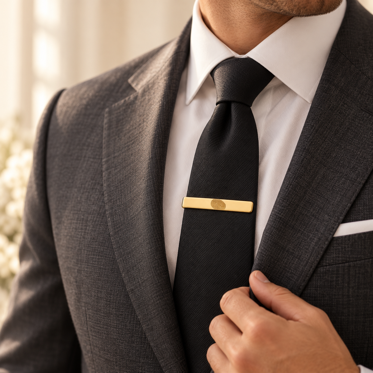 Custom Fingerprint Tie Clip lifestyle 1 photo - gold fingerprint tie clip worn with black tie Anthology Jewelry