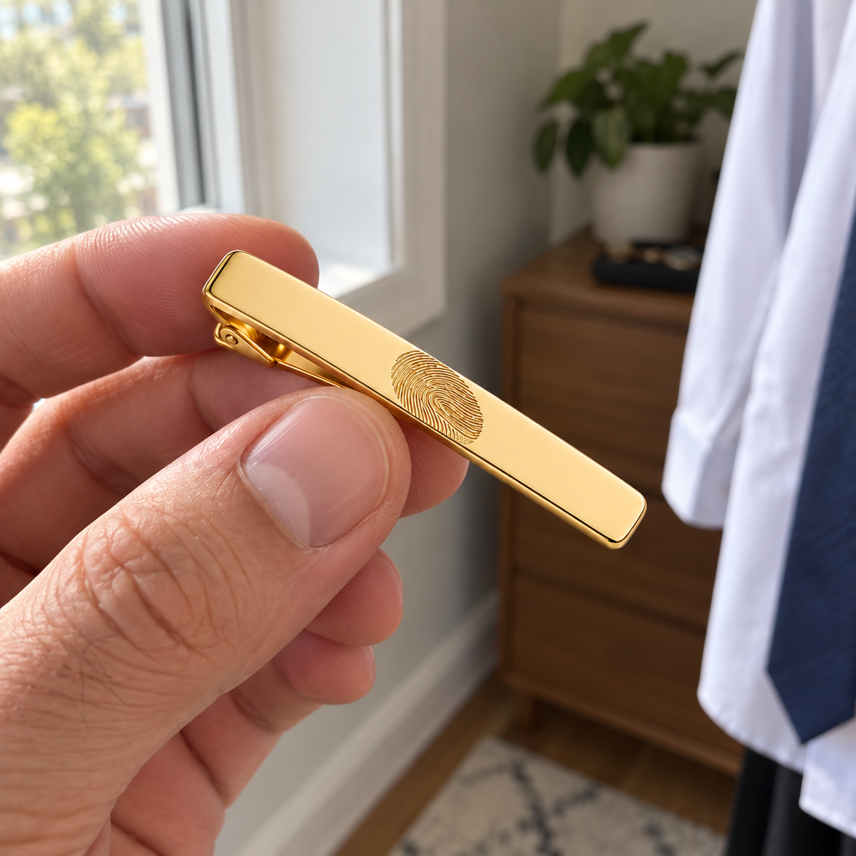 Custom Fingerprint Tie Clip ugc 2 photo - gold tie clip held by window Anthology Jewelry