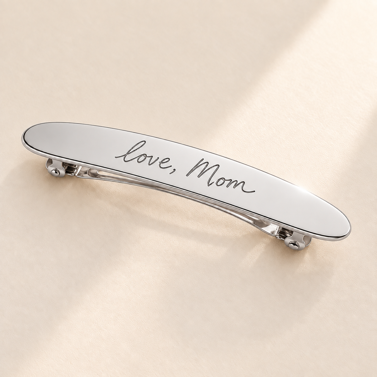 Custom Handwriting Hair Barrette hero photo - silver handwriting hair barrette on cream background Anthology Jewelry