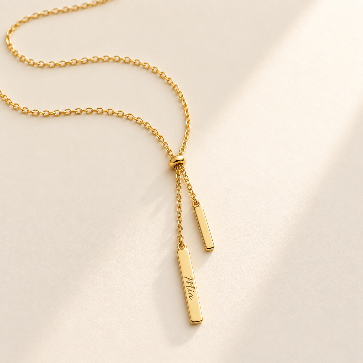 Custom Handwriting Lariat Necklace hero photo - gold handwriting lariat necklace engraved Mia Anthology Jewelry
