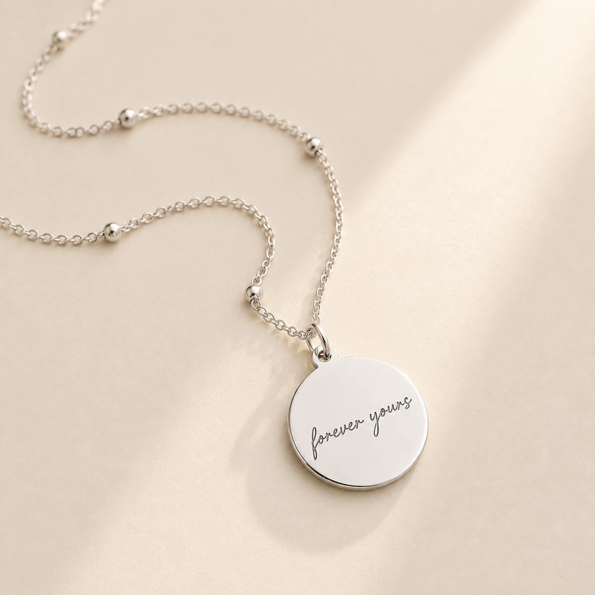 Custom Handwriting Necklace Disc Pendant alternate angle detail - engraved signature disc Anthology Jewelry