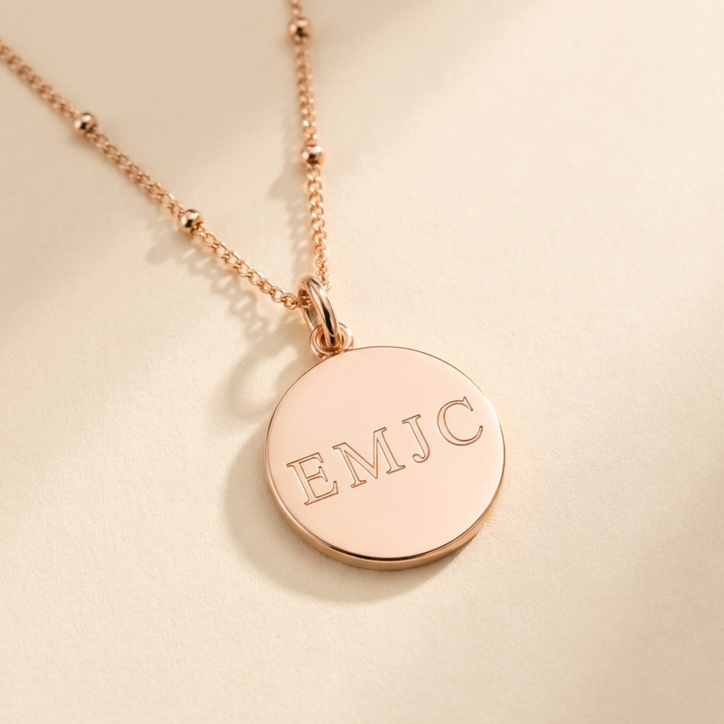 Custom Initials Necklace hero photo - rose gold disc pendant engraved with four initials on cream background Anthology Jewelry