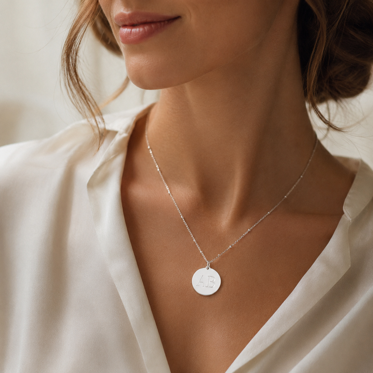 Custom Initials Necklace, silver disc pendant, Anthology