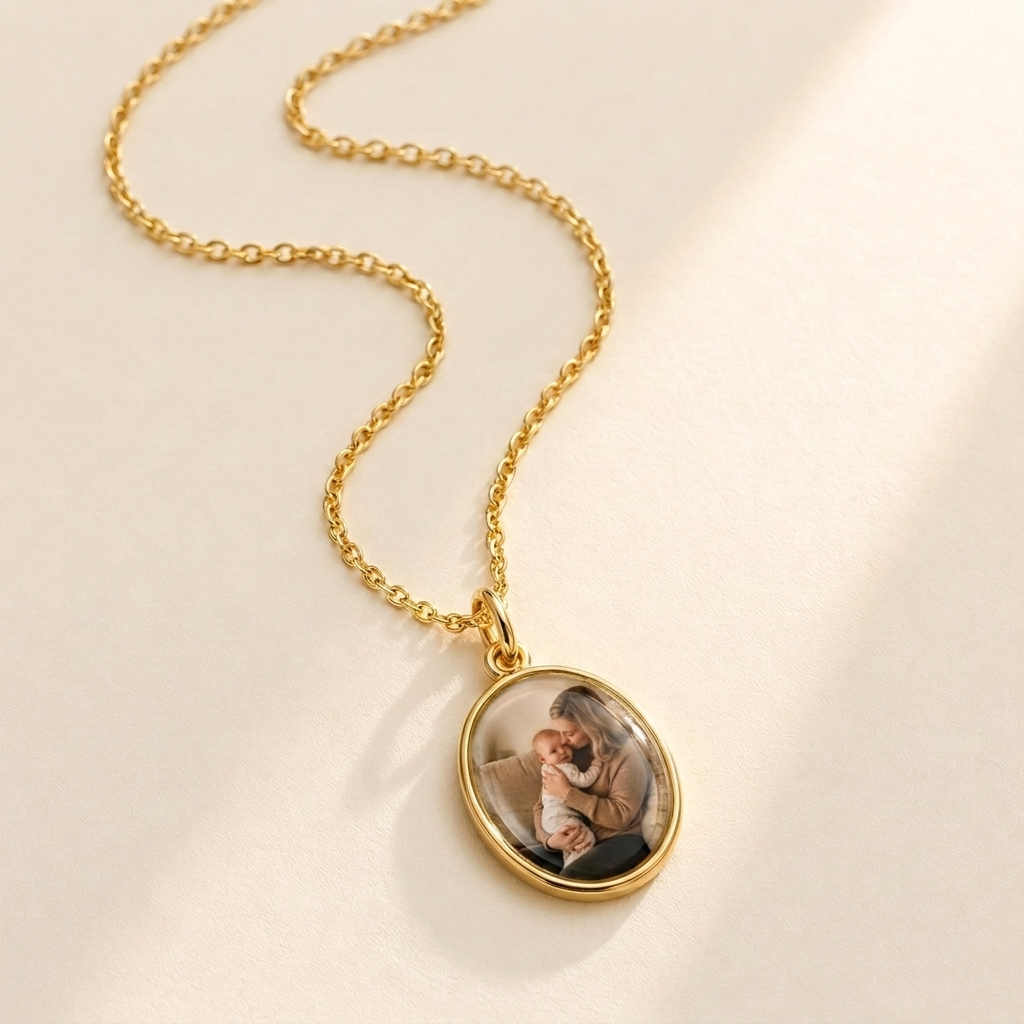 Custom Keepsake Oval Photo Necklace hero photo - gold oval photo pendant necklace Anthology Jewelry