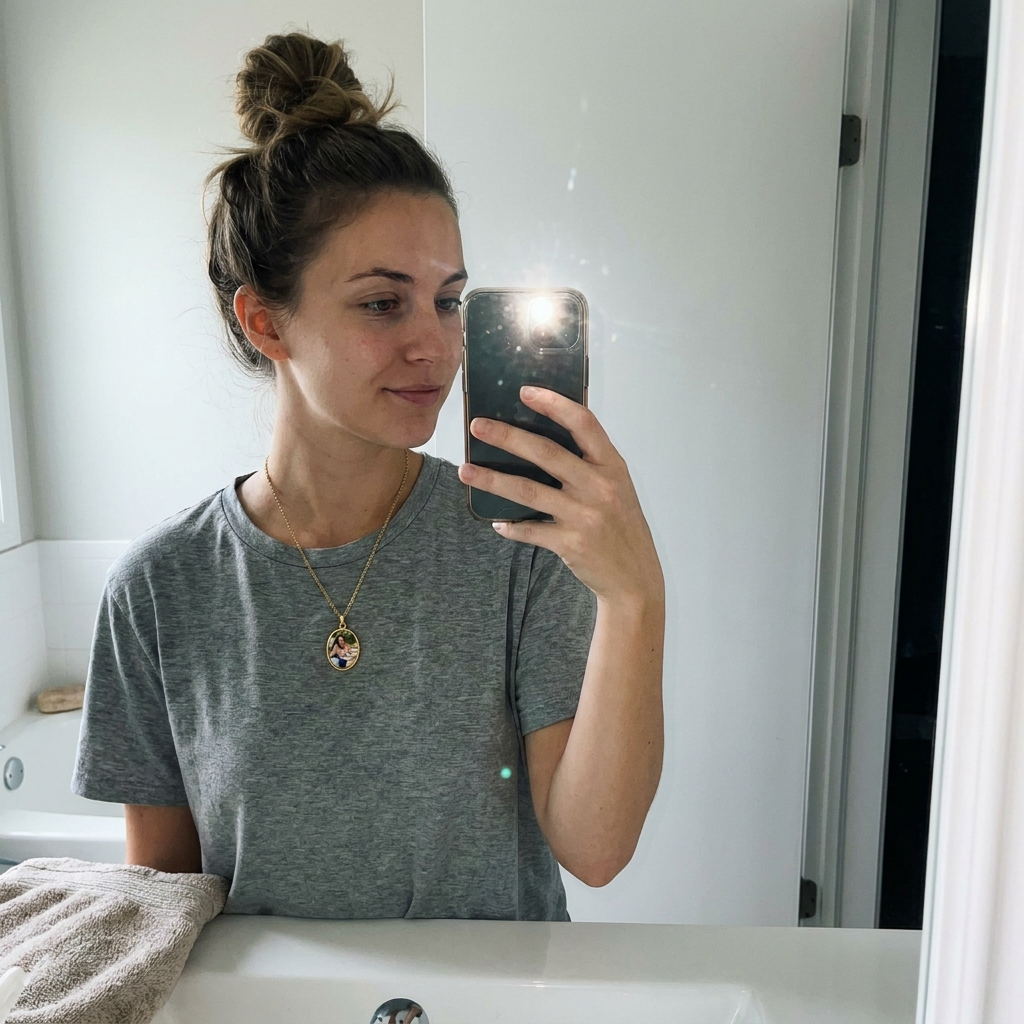 Custom Keepsake Oval Photo Necklace customer photo - mirror selfie wearing gold oval photo pendant necklace Anthology Jewelry