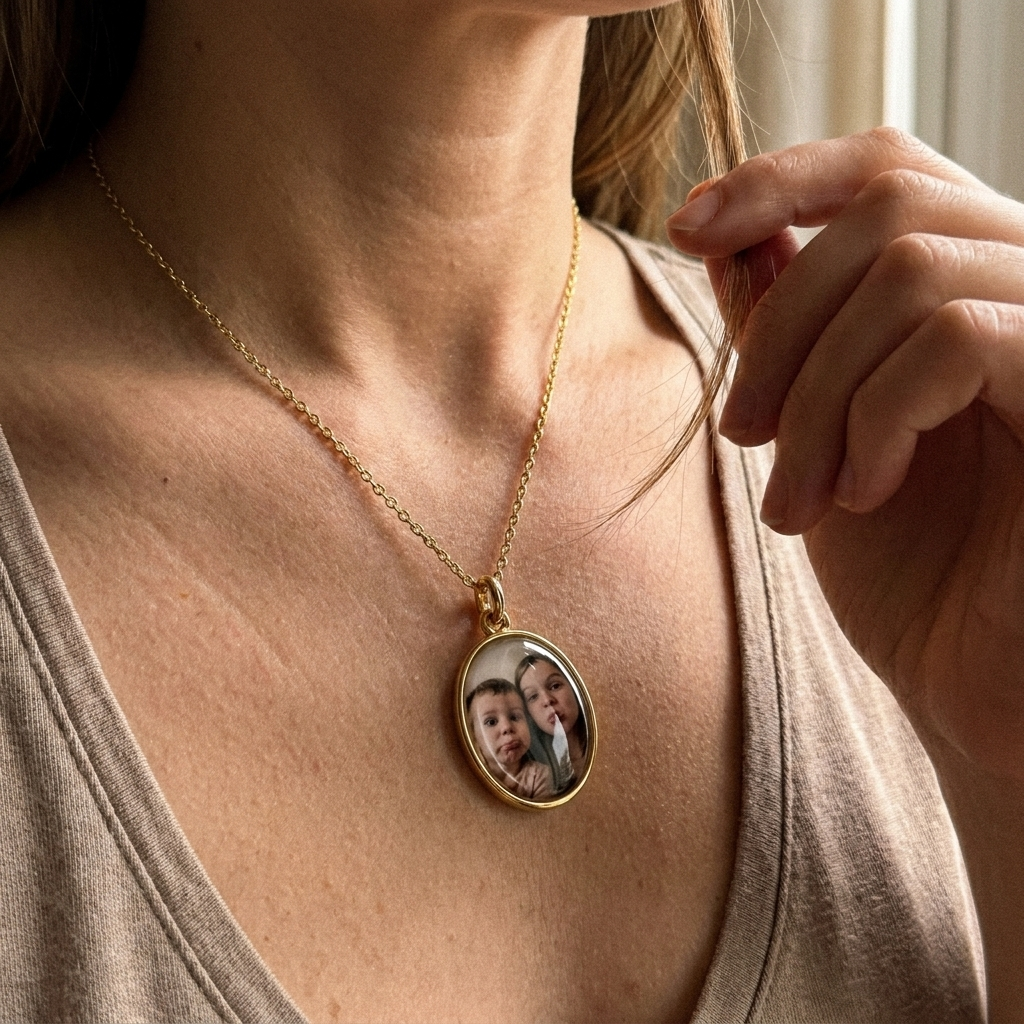 Custom Keepsake Oval Photo Necklace customer photo - close up candid of gold oval photo pendant necklace Anthology Jewelry