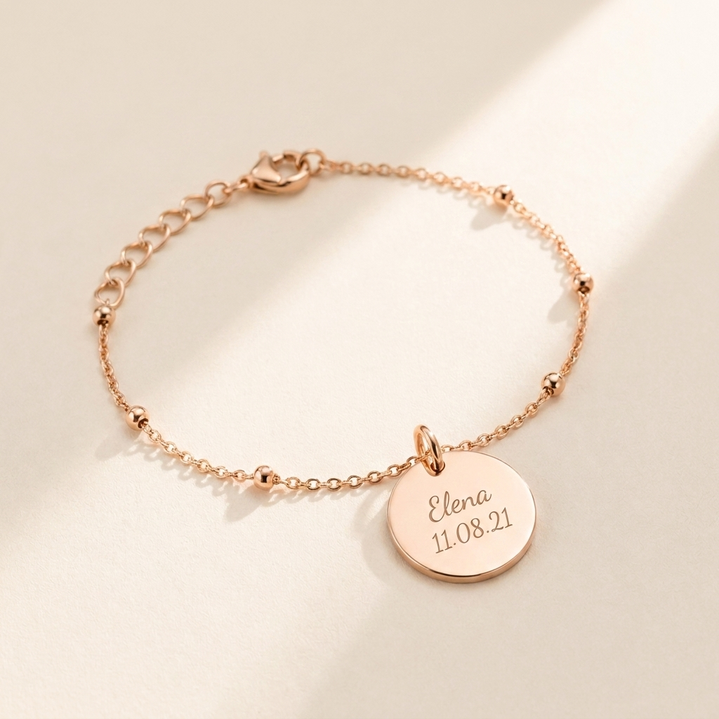 Custom Memorial Bracelet hero photo - rose gold engraved name and date disc bracelet on cream background Anthology Jewelry