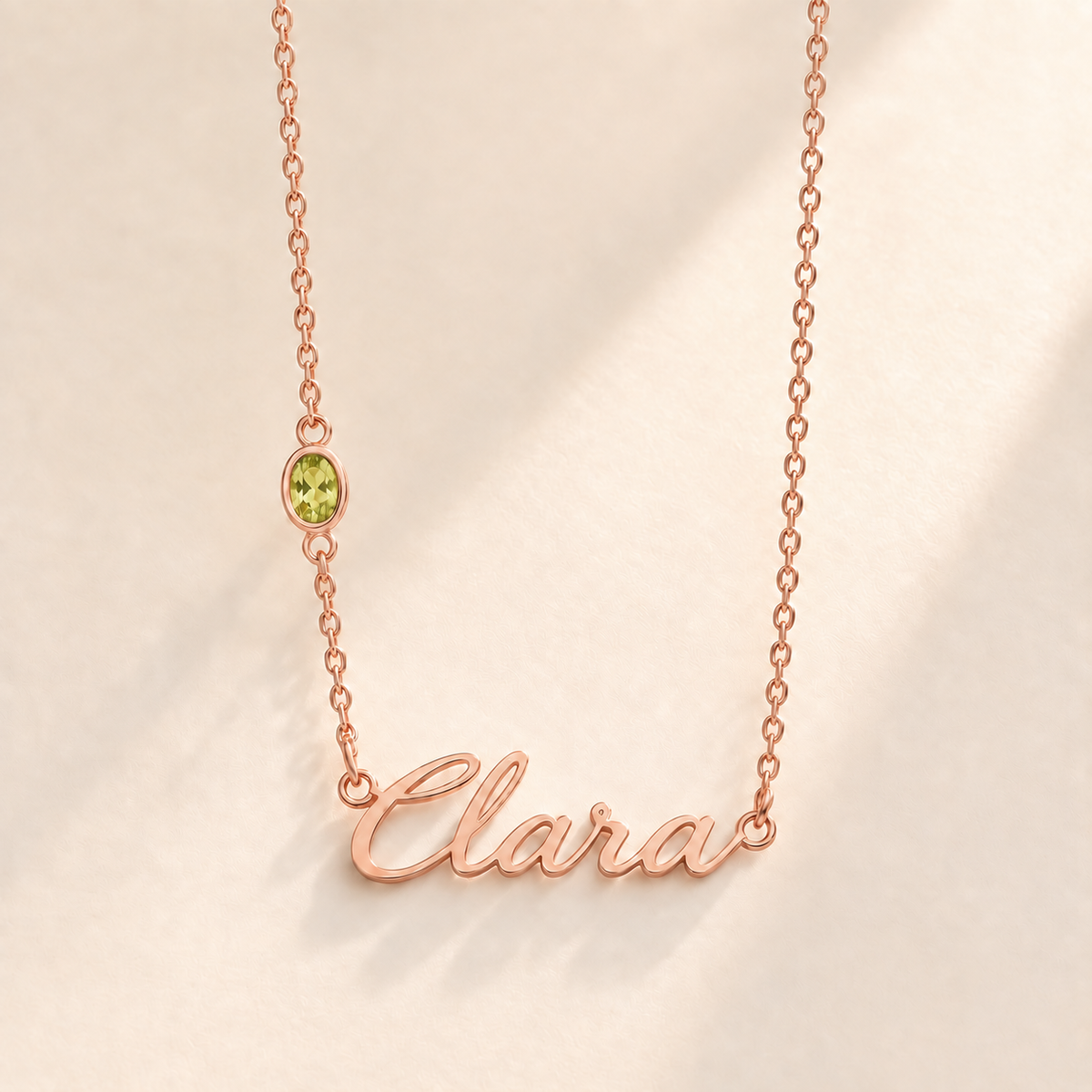 Custom Offset Birthstone Script Name Necklace august rose gold birthstone photo - Clara script with oval left-chain stone Anthology Jewelry
