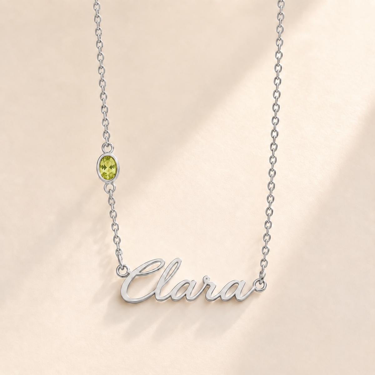 Custom Offset Birthstone Script Name Necklace august silver birthstone photo - Clara script with oval left-chain stone Anthology Jewelry