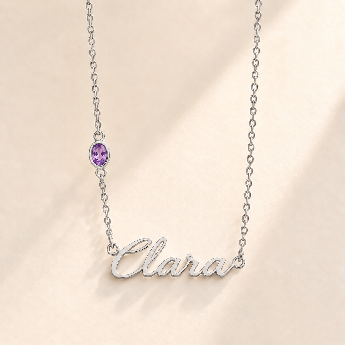 Custom Offset Birthstone Script Name Necklace february silver birthstone photo - Clara script with oval left-chain stone Anthology Jewelry
