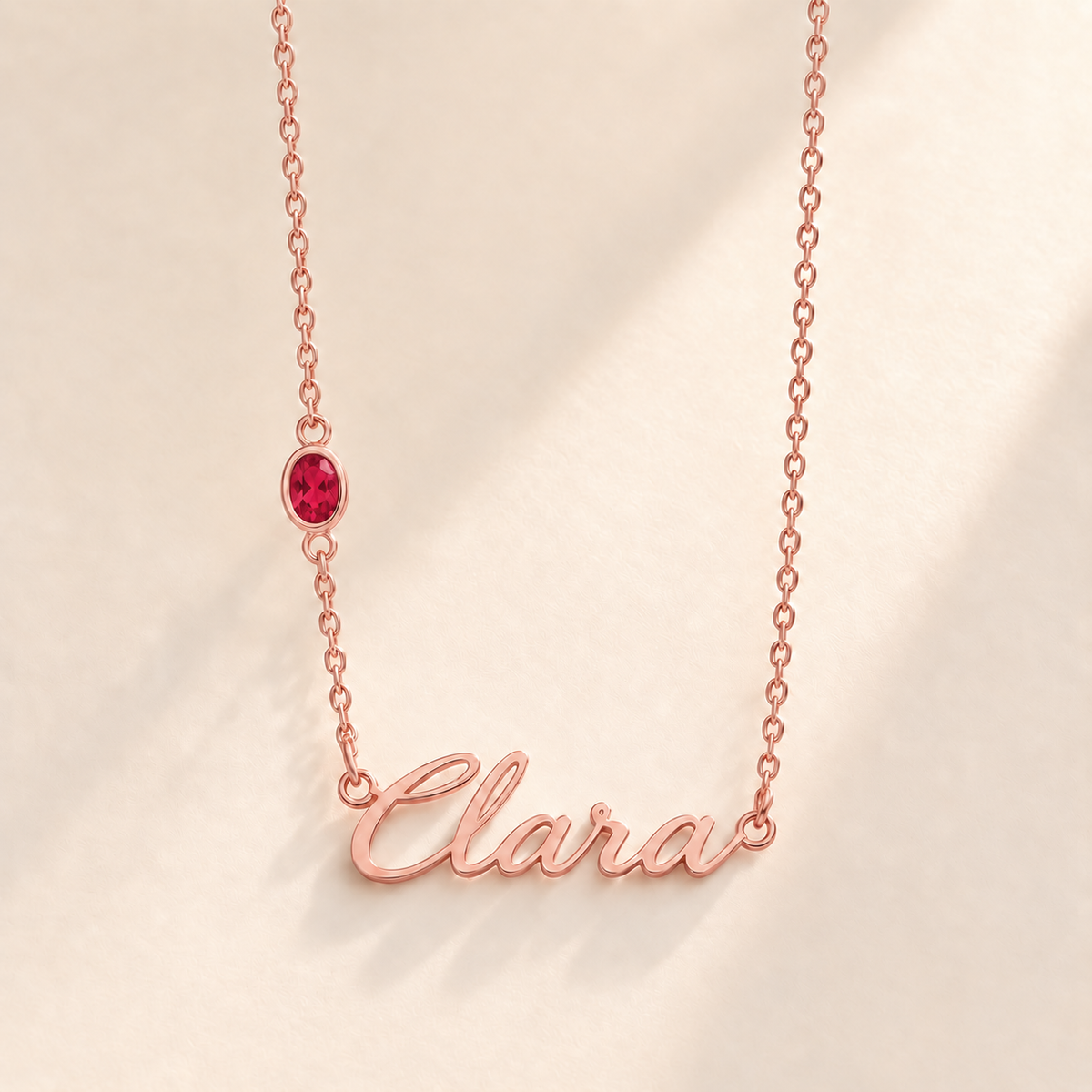 Custom Offset Birthstone Script Name Necklace july rose gold birthstone photo - Clara script with oval left-chain stone Anthology Jewelry