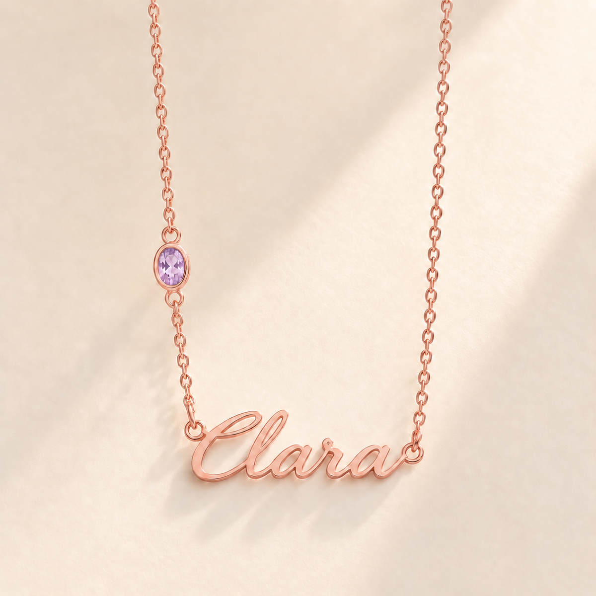 Custom Offset Birthstone Script Name Necklace june rose gold birthstone photo - Clara script with oval left-chain stone Anthology Jewelry