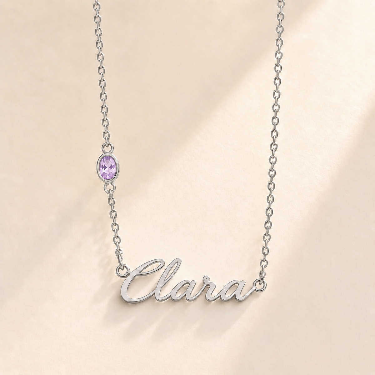 Custom Offset Birthstone Script Name Necklace june silver birthstone photo - Clara script with oval left-chain stone Anthology Jewelry