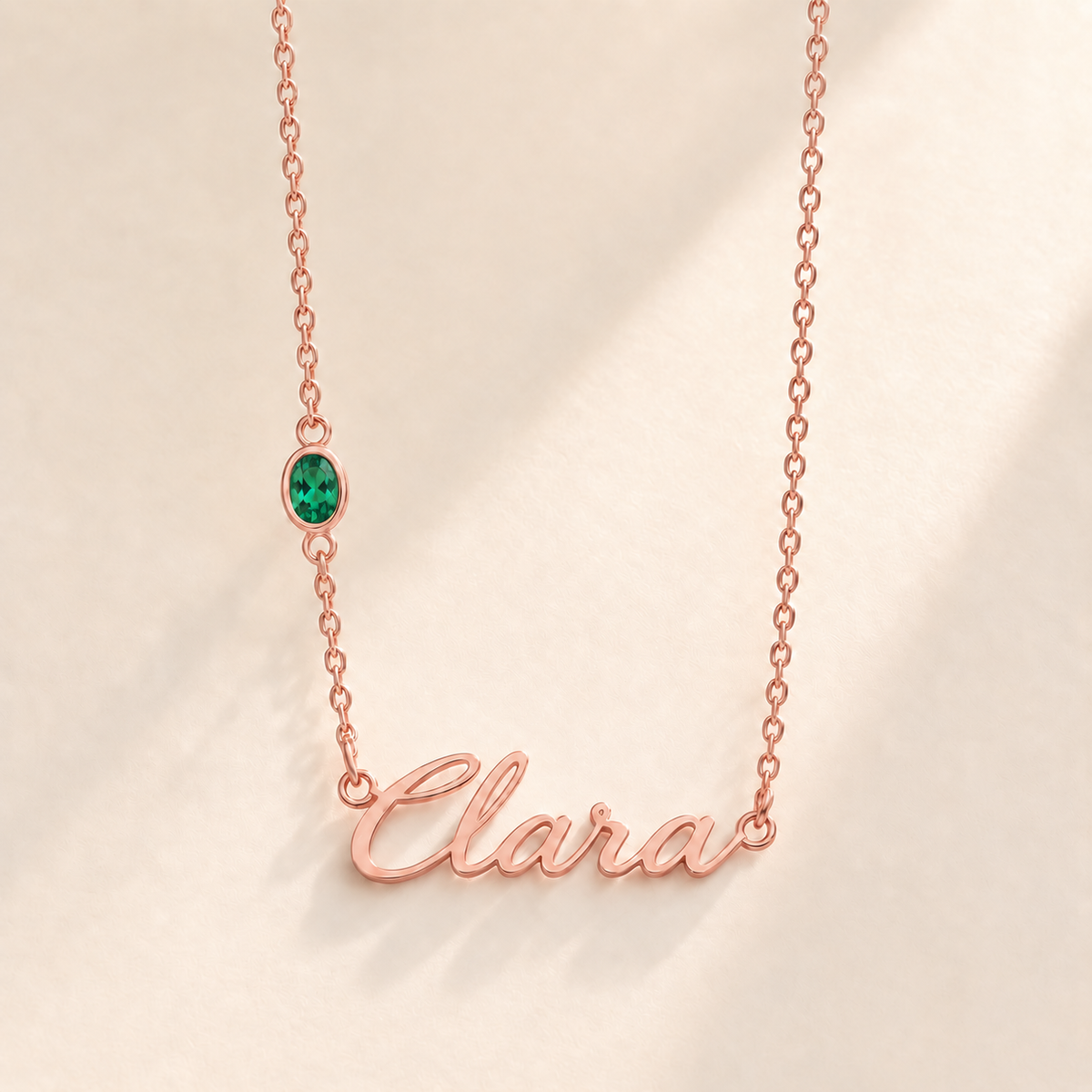 Custom Offset Birthstone Script Name Necklace may rose gold birthstone photo - Clara script with oval left-chain stone Anthology Jewelry