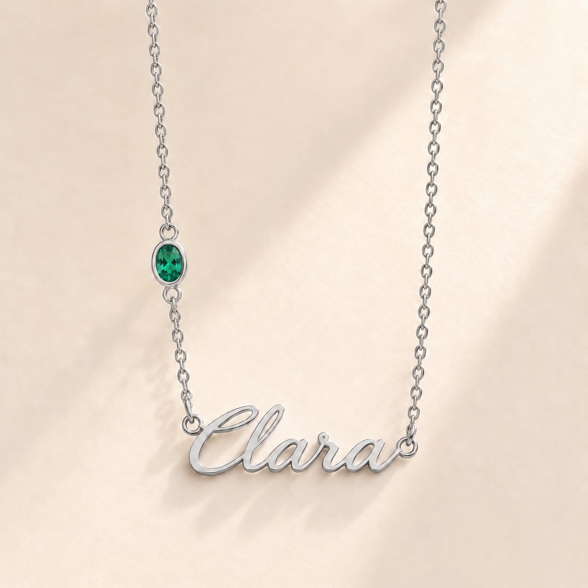 Custom Offset Birthstone Script Name Necklace may silver birthstone photo - Clara script with oval left-chain stone Anthology Jewelry