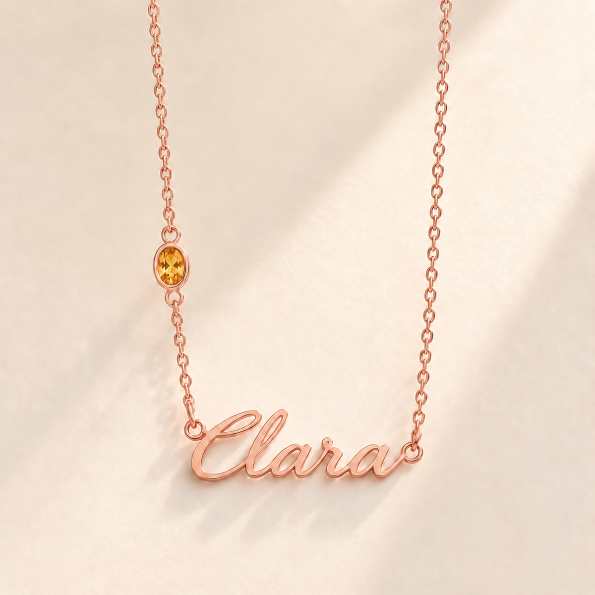 Custom Offset Birthstone Script Name Necklace november rose gold birthstone photo - Clara script with oval left-chain stone Anthology Jewelry