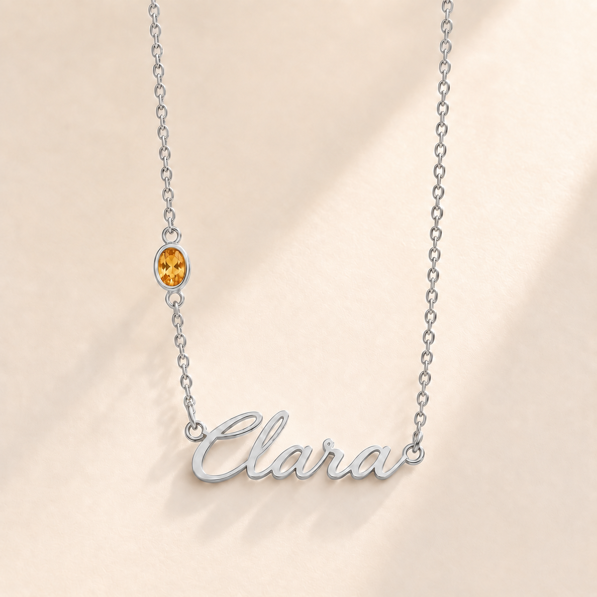 Custom Offset Birthstone Script Name Necklace november silver birthstone photo - Clara script with oval left-chain stone Anthology Jewelry
