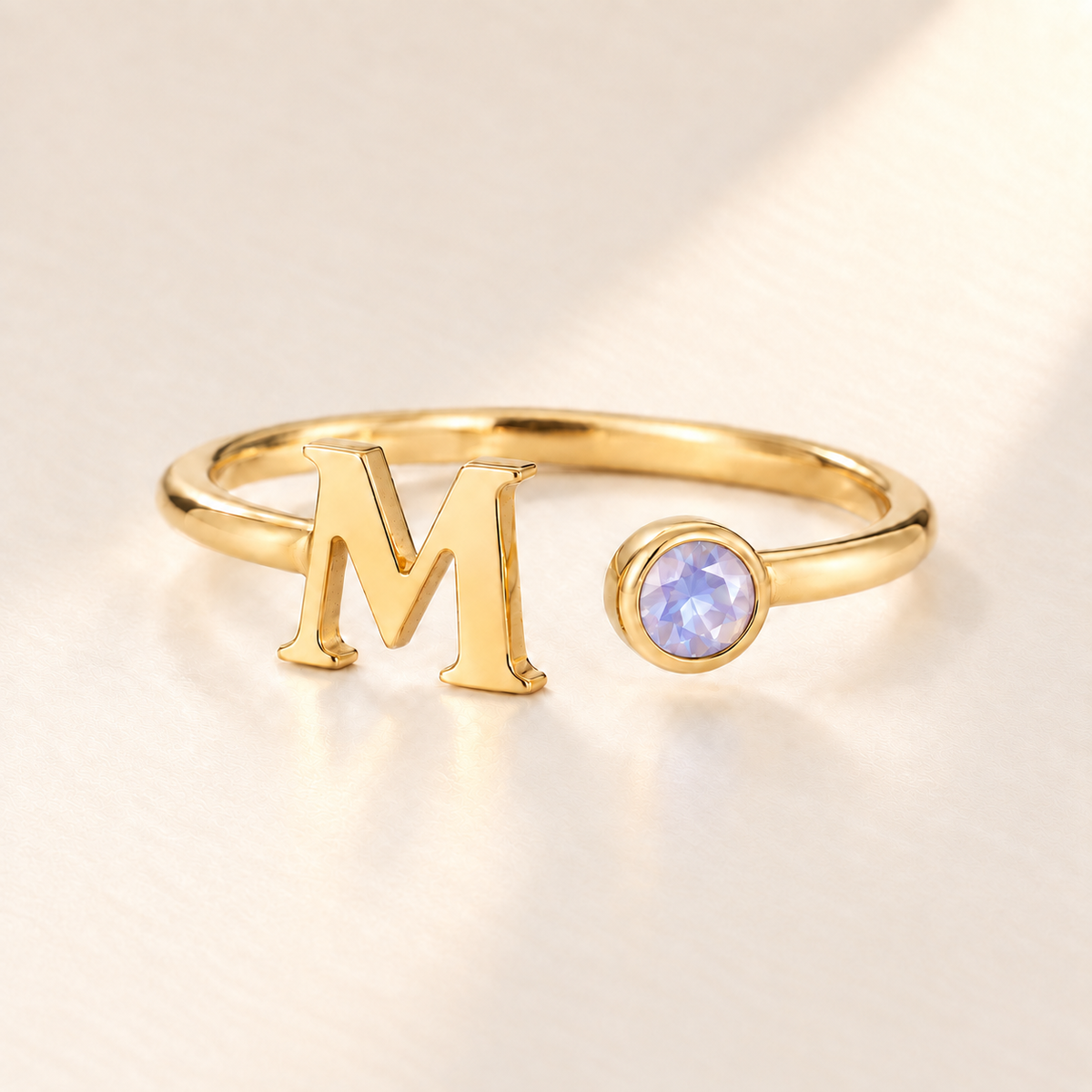 Custom Open Birthstone Initial Ring, gold june birthstone variant image; ivory background