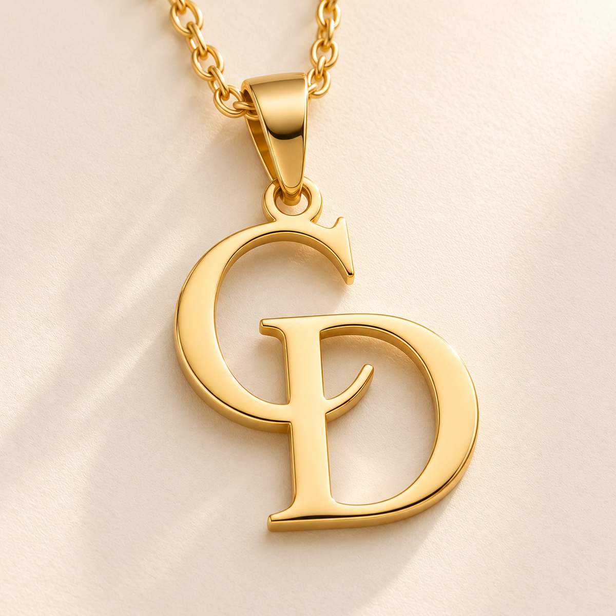 Custom Overlapping Initials Necklace detail photo - close-up of overlapping gold serif initials C and D Anthology Jewelry