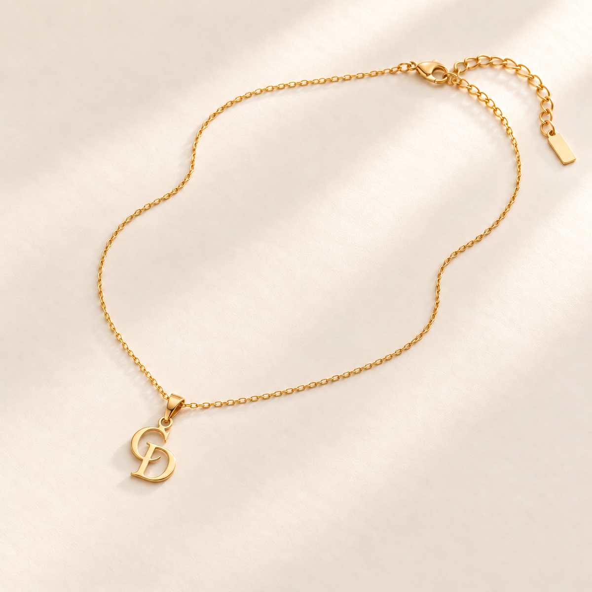 Custom Overlapping Initials Necklace glamour photo - full gold cable necklace with overlapping C and D pendant, clasp and extender Anthology Jewelry