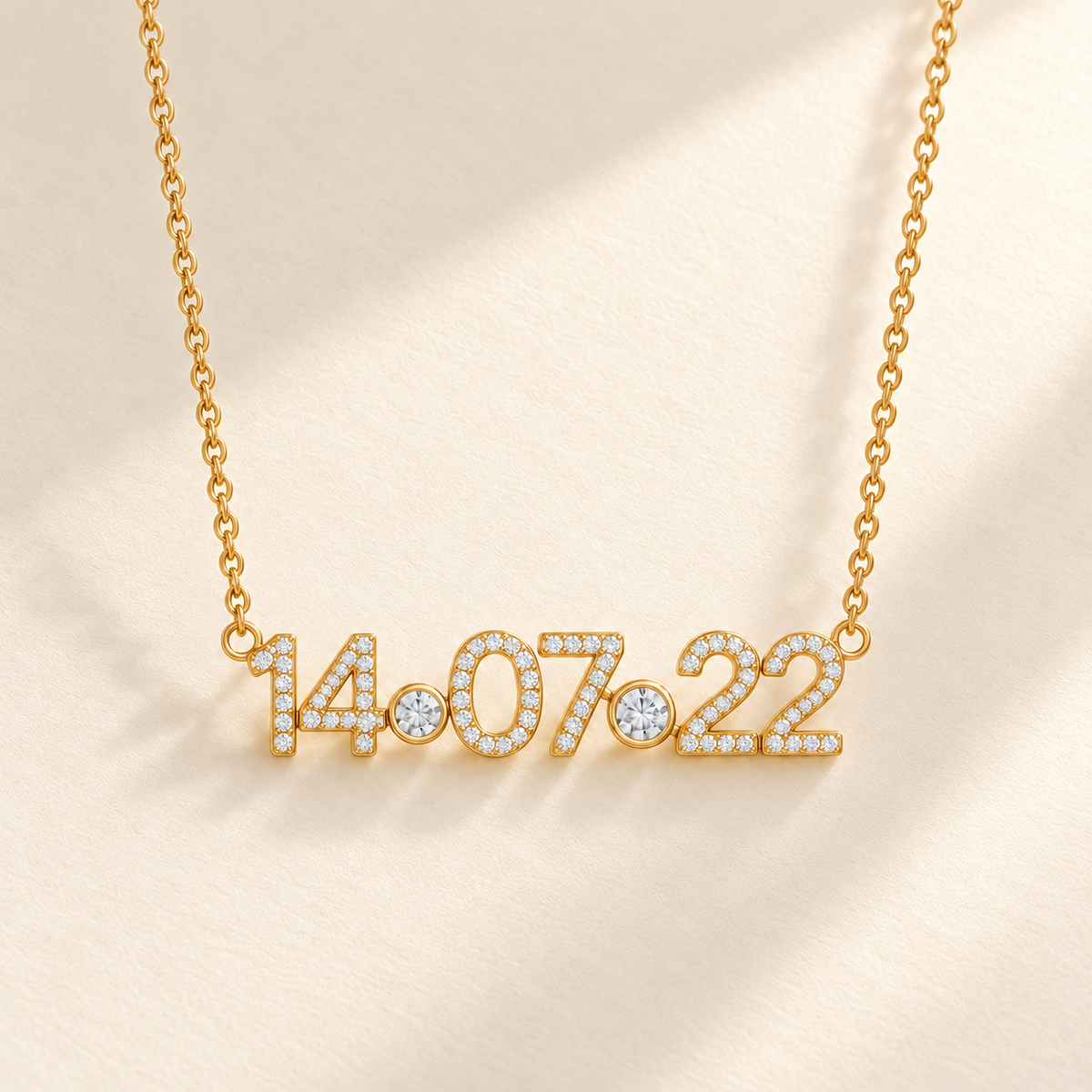 Custom Pavé Date Cutout Necklace gold hero, 14·07·22 pavé date photo - Anthology Jewelry