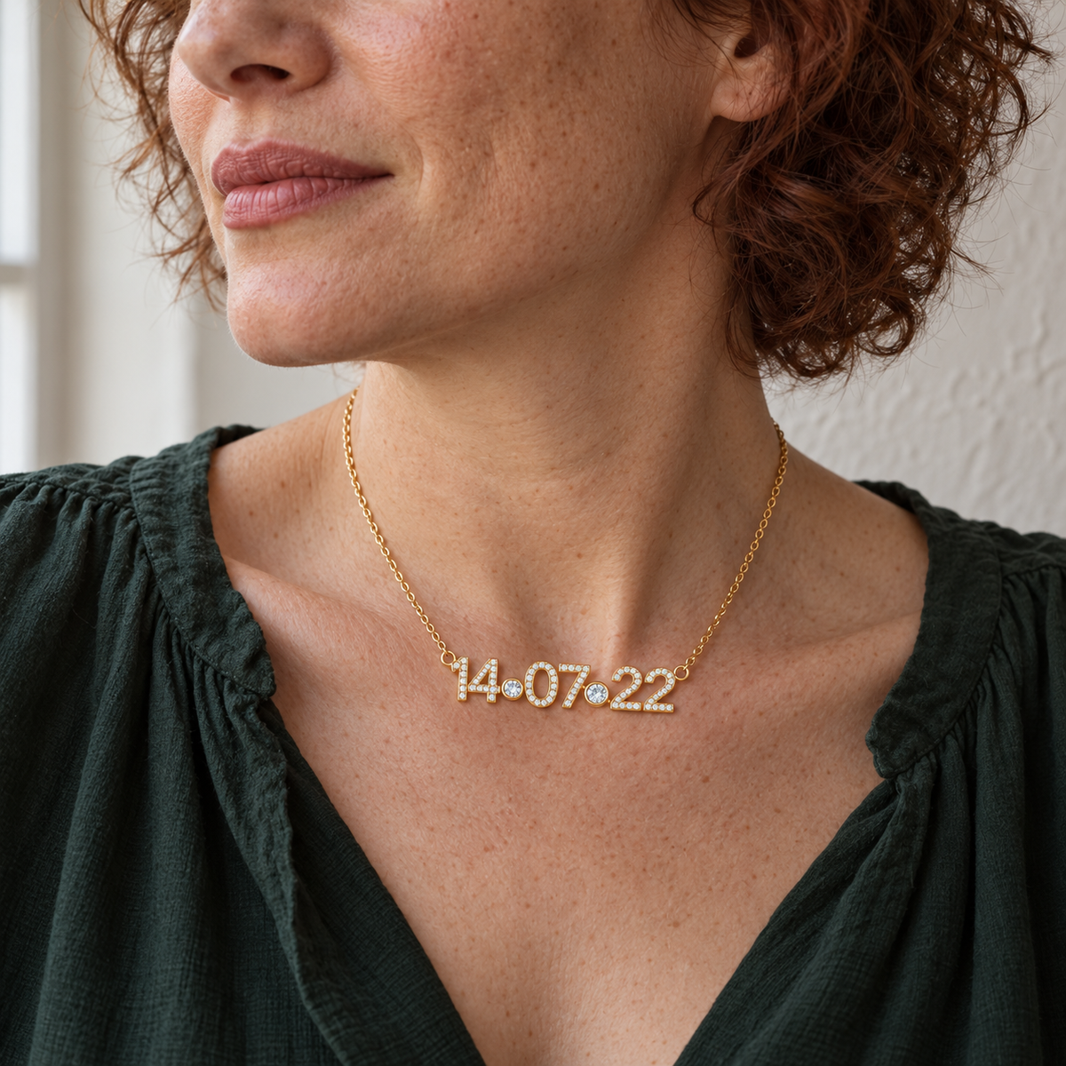 Custom Pavé Date Cutout Necklace close professional model view photo - Anthology Jewelry