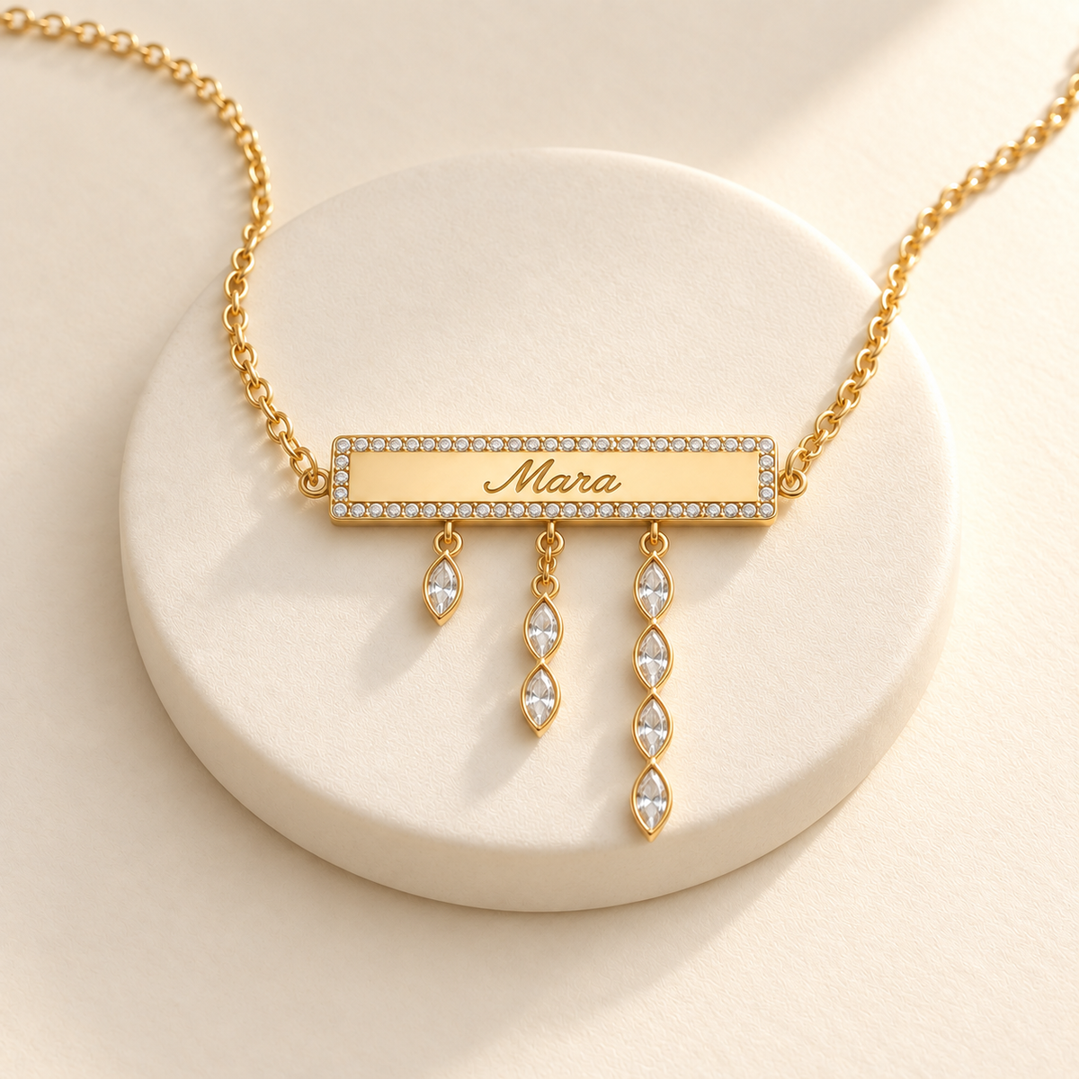 Custom Pavé Nameplate Drop Necklace styled product-only glamour view photo - Anthology Jewelry