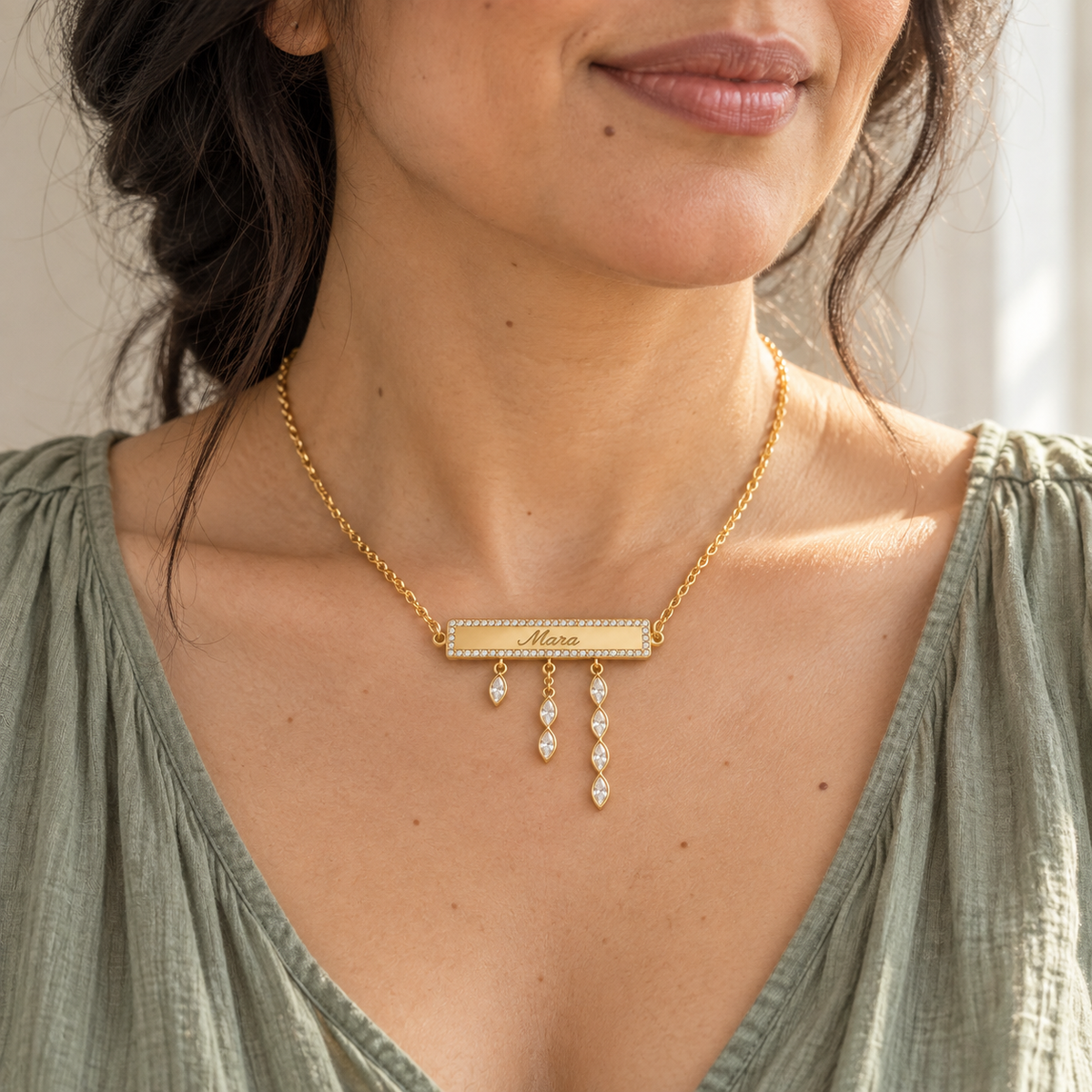Custom Pavé Nameplate Drop Necklace close professional model view photo - Anthology Jewelry