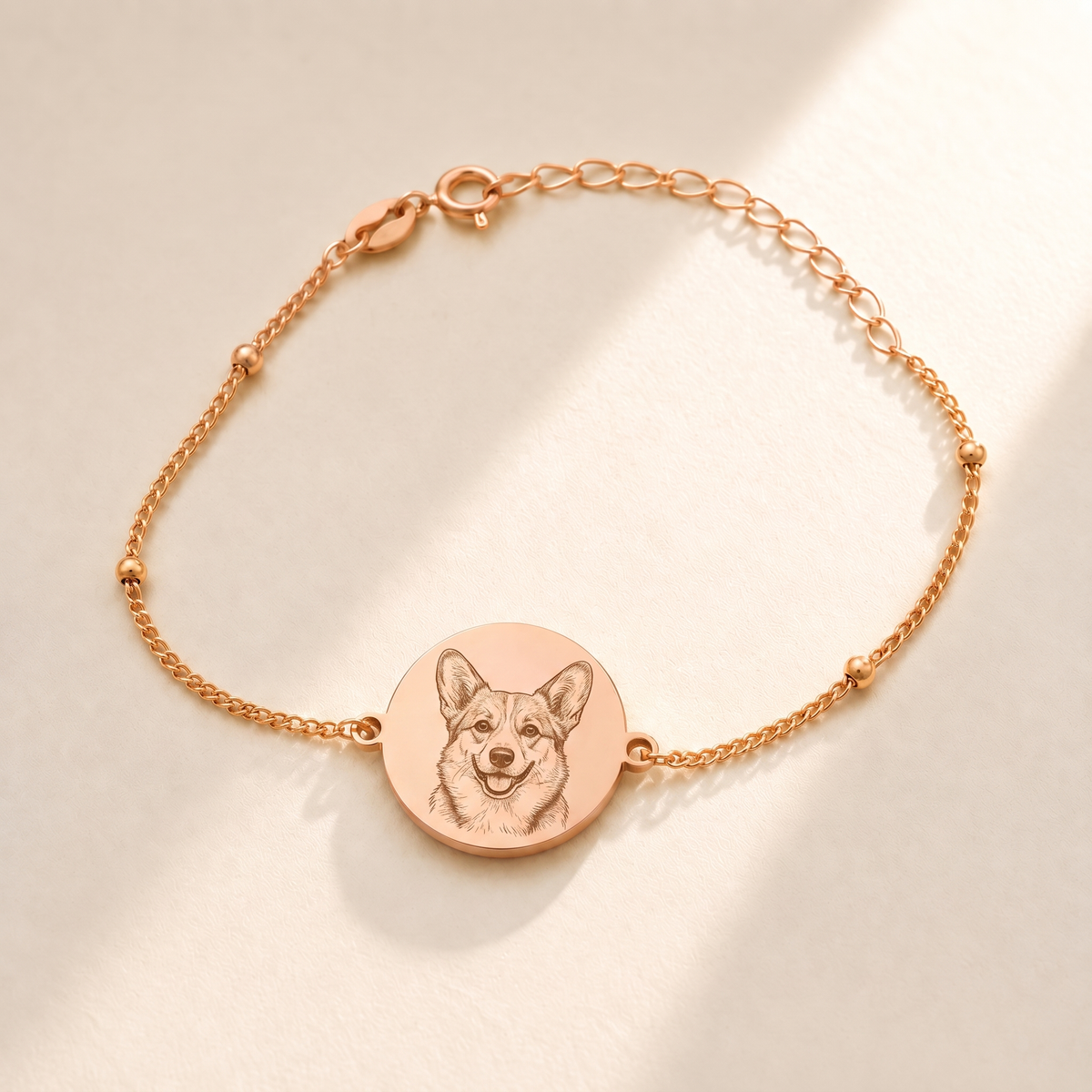 Custom Pet Portrait Bracelet hero photo - rose gold corgi portrait bracelet Anthology Jewelry
