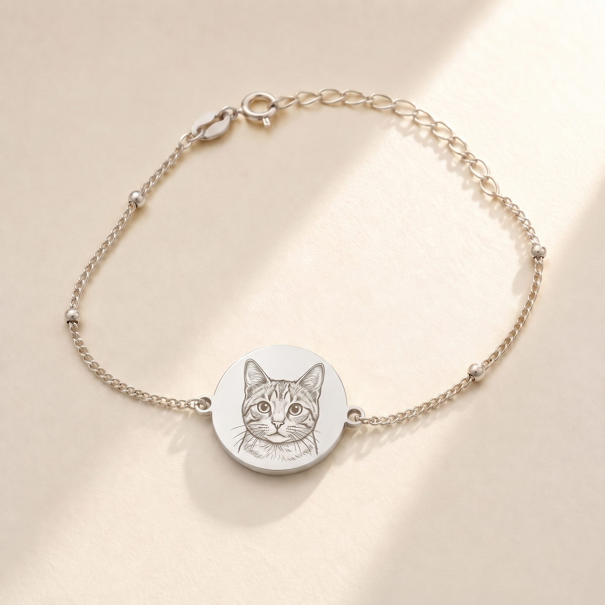 Custom Pet Portrait Bracelet hero photo - silver cat portrait bracelet Anthology Jewelry
