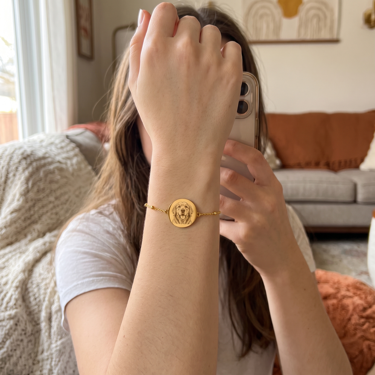 Custom Pet Portrait Bracelet UGC photo - selfie-style wrist shot of gold golden retriever portrait bracelet Anthology Jewelry