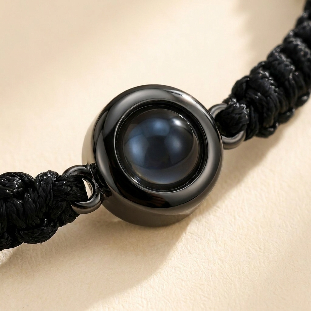 Custom Photo Bracelet Braided Cord black finish detail photo - close up of black photo charm Anthology Jewelry