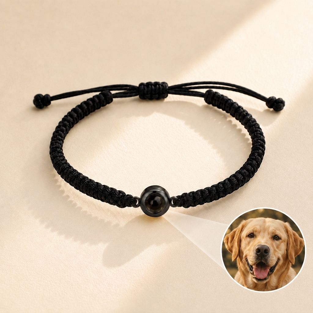 Custom Photo Bracelet Braided Cord black hero photo - black finish photo charm on braided cord Anthology Jewelry