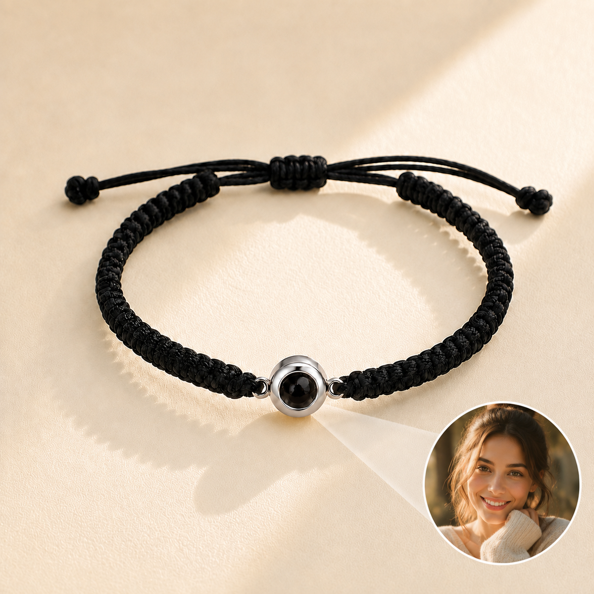 Custom photo bracelet styled with everyday jewelry - personalized photo charm bracelet
