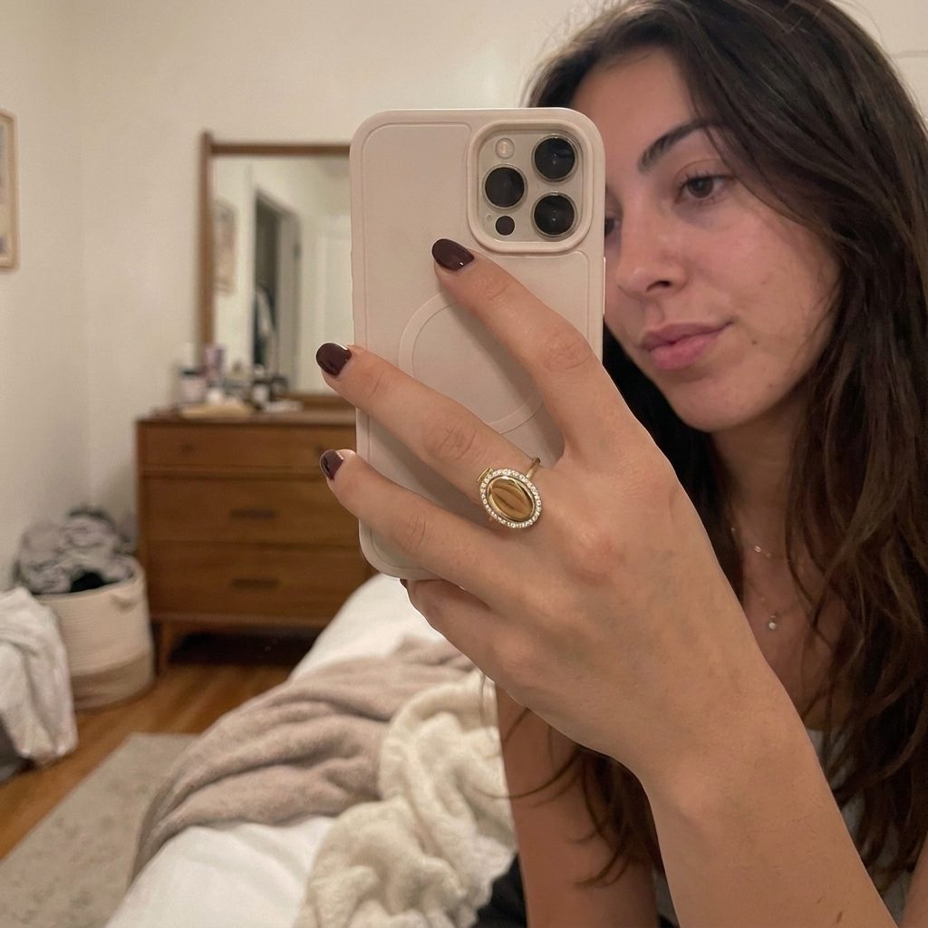 Custom Photo Locket Ring UGC photo - candid selfie wearing oval hinged locket ring Anthology Jewelry
