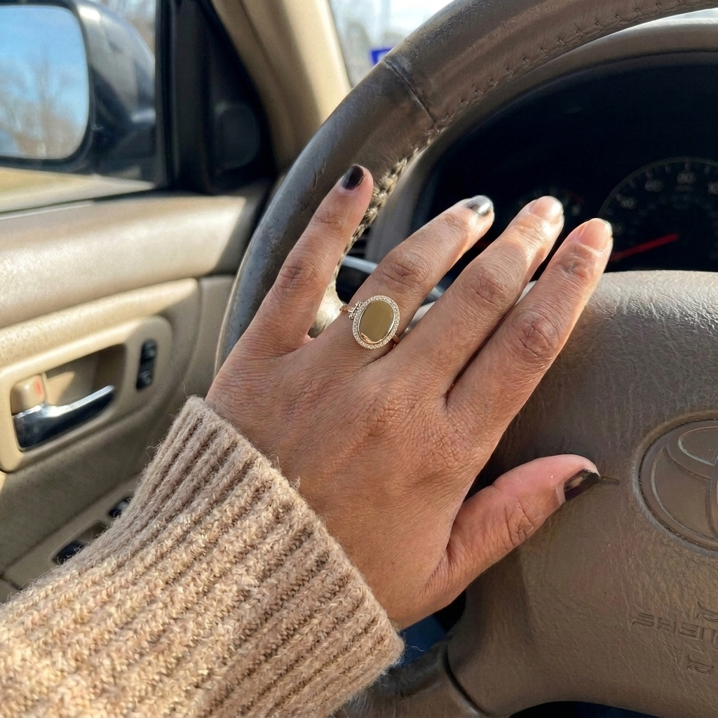 Custom Photo Locket Ring UGC photo - candid everyday photo wearing oval hinged locket ring with side hinge Anthology Jewelry