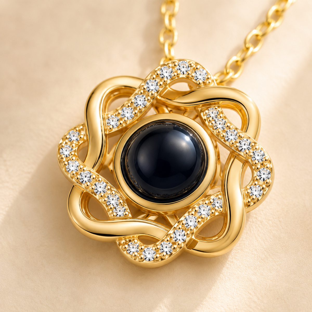 Custom Photo Necklace Flower Pendant detail photo - close-up of flower pendant and photo projection stone Anthology Jewelry