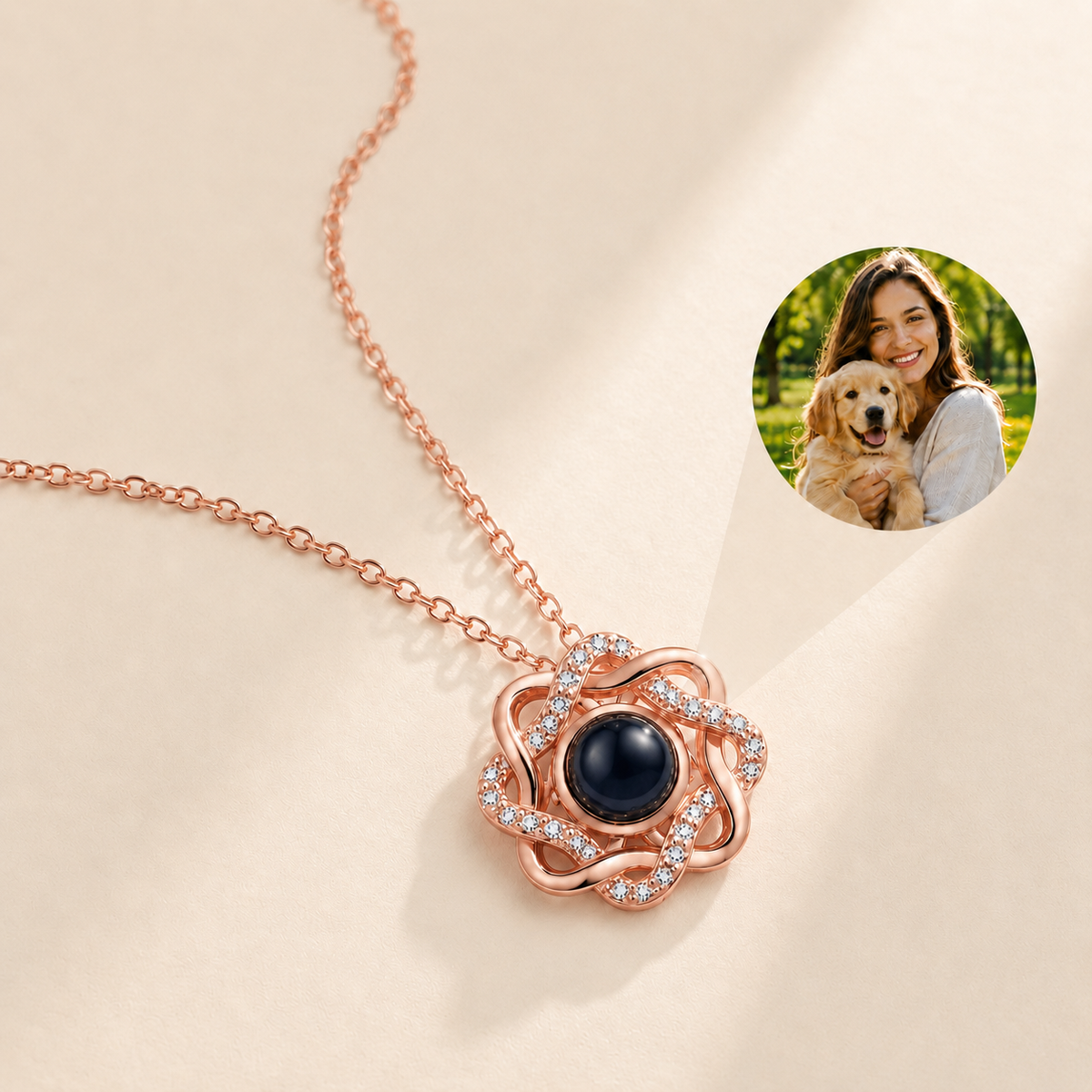 Custom Photo Necklace Flower Pendant hero photo - rose gold flower pendant with photo projection stone Anthology Jewelry