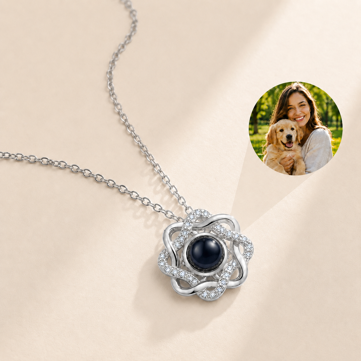 Custom Photo Necklace Flower Pendant hero photo - sterling silver flower pendant with photo projection stone Anthology Jewelry