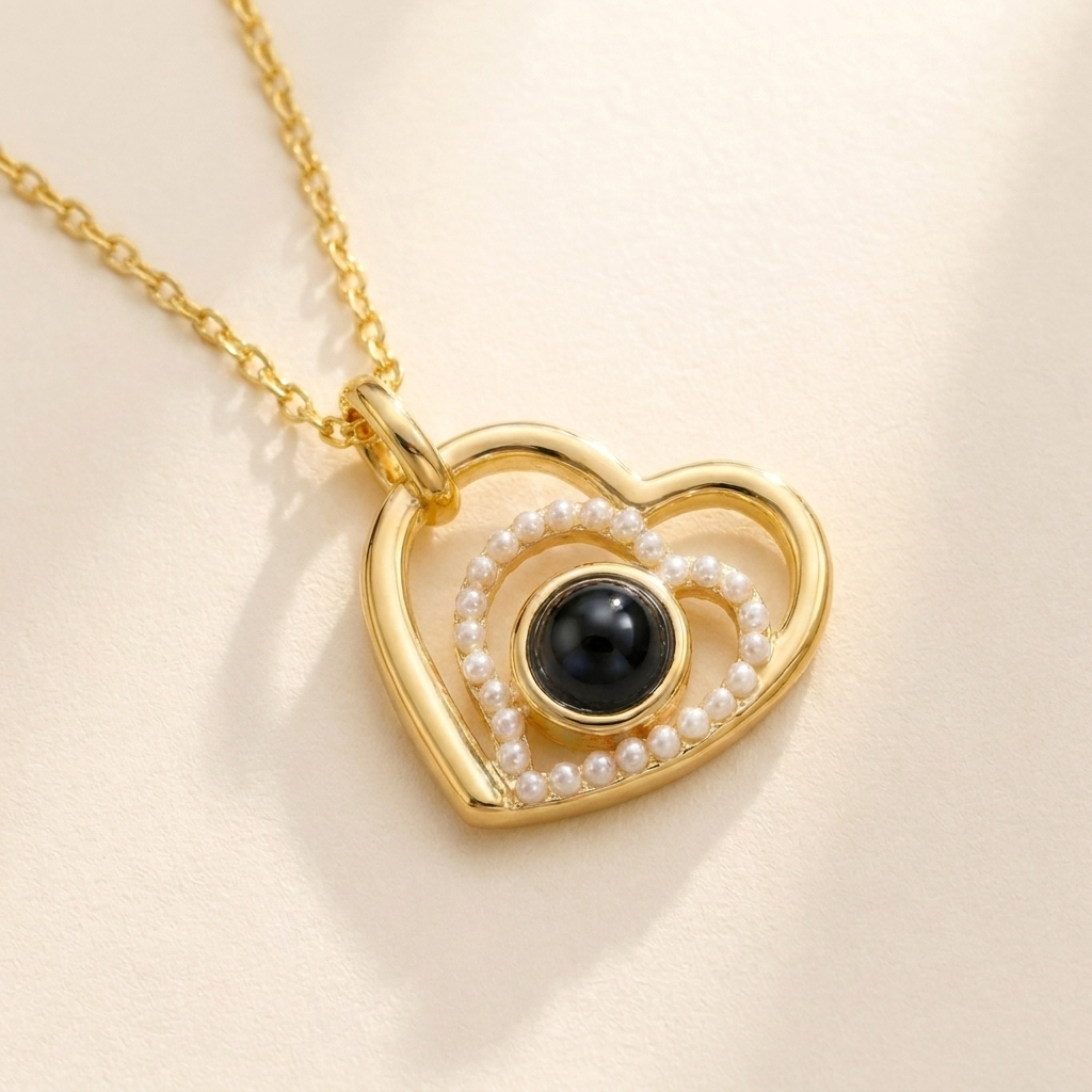Custom Photo Necklace Heart Locket detail photo - close-up of pearl inner heart and photo projection stone Anthology Jewelry